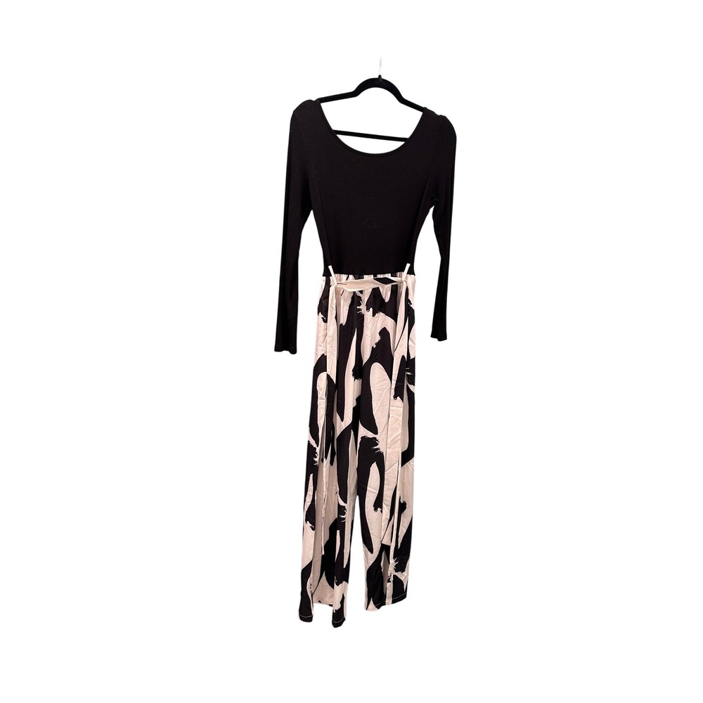 YOZY‎ Black Ribbed Bodysuit Wide Leg Pants Jumpsuit Abstract Print Belted Size M